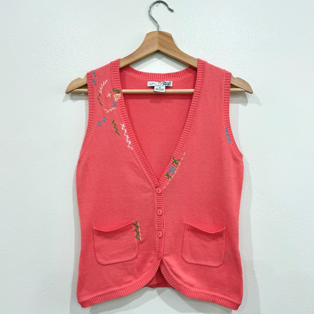 RXB Embroidered Cotton Knit Sweater Vest Coral Pink Y2K Retro Women’s Size M